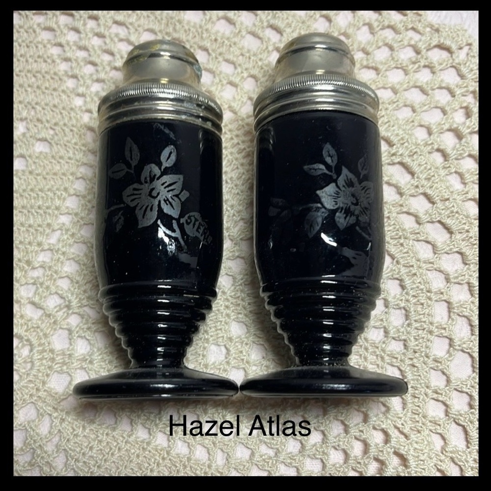 Vintage LE Smith Black Amethyst Salt and Pepper with Sterling Silver inlay